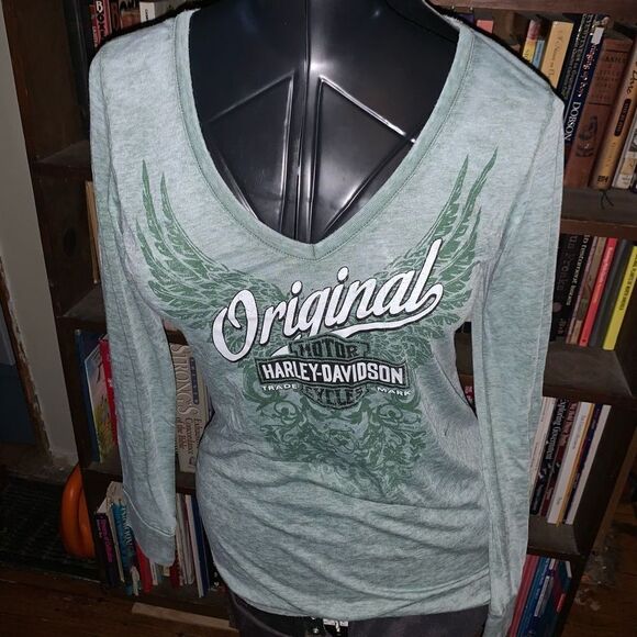 Harley-Davidson green wings St Joe MO long sleeve fitted motorcycle tee - Picture 1 of 4